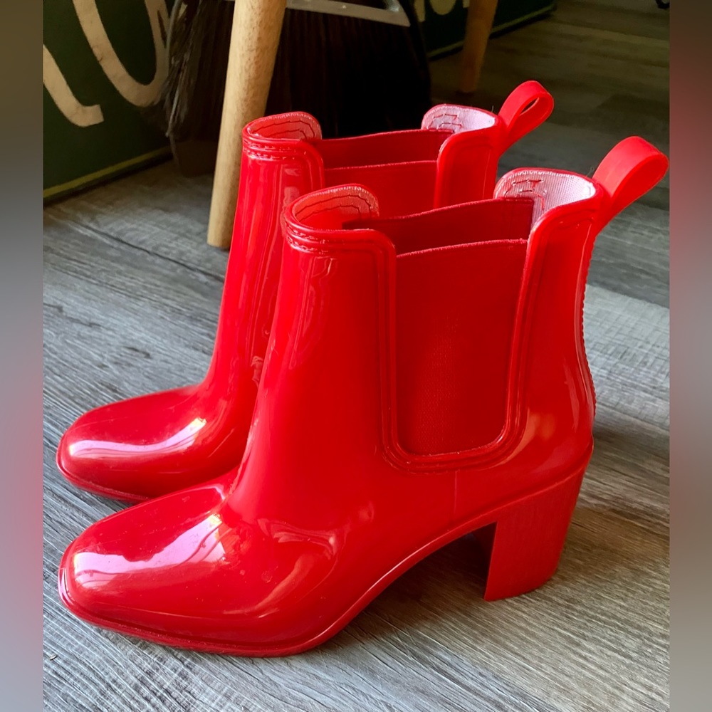 Red Jeffrey Campbell Hurricane waterproof heeled rain boots